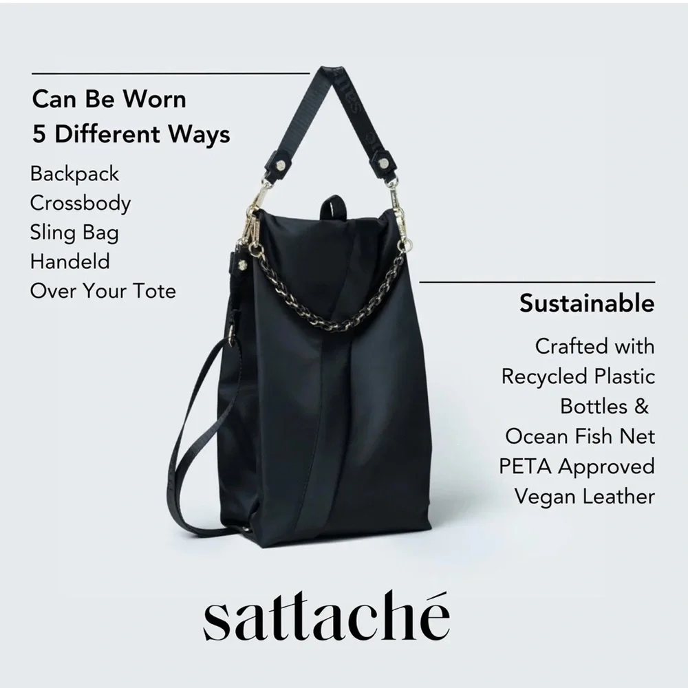 Sattache Convertible Backpack Crossbody Vegan Leather Black 5 Way Bag